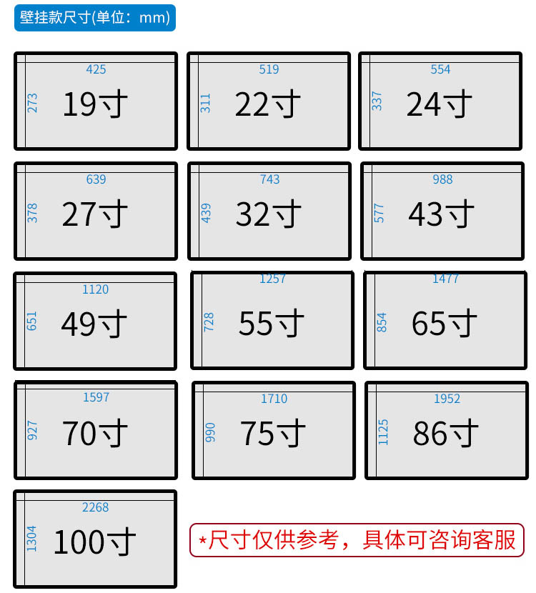 壁掛式廣告機(jī)尺寸對照表